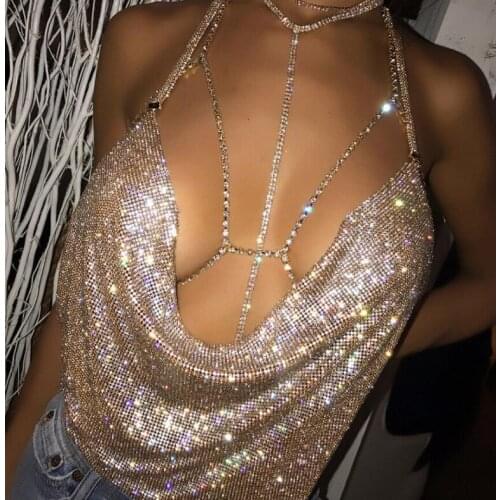 2021 Silver Gold Full Rhinestone Flashing Top Prom Women Dance Singer Evening Show Outfit Dance Costume Backless Wear