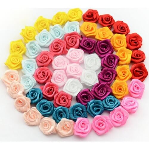 15mm 100pcs/lot Handmade Satin Rose Ribbon Rosettes Fabric Flower Bow Appliques Wedding Decor Craft Sewing Accessories DIY 1-35