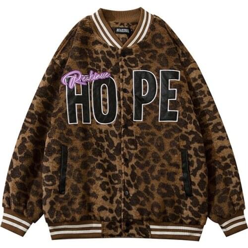 2021 Hip Hop Streetwear Baseball Jacket Man Punk Fur Leopard Print Hope Letters Embroidered Couple Baseball Mens and Womens
