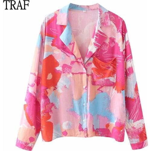 TRAF Women Shirts Blouses Za 2021 Vintage Print Suit Collar Long Sleeve Top Women Clothing Loose Summer Women Blouses Chic Tops