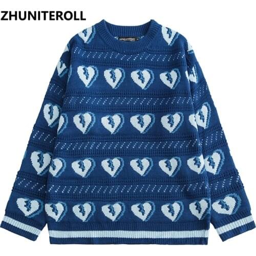 Borken Heart Graphics Hip Hop Knitted Jumper Streetwear Mens Harajuku Pullover Knitwear Fashion Outwear Sweaters Autumn Tops