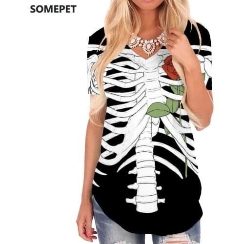 SOMEPET Skeleton T Shirt Women Flower V-neck Tshirt Art T-shirts 3d Hip Hop Funny T shirts Womens Clothing Punk Rock Cool Style