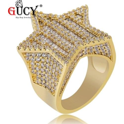 GUCY Hip Hop New Plated Star Ring All Iced Out Micro Pave CZ Stones Rings Charm For Men Women Bling Party Jewelry Gift