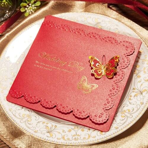 Customized Print White Red Lace Butterfly Buckle Beautiful Wedding Invitation Wedding Gift Greeting Card Party Decoration