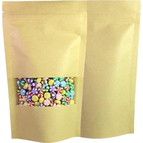 Multi Sizes 100pcs Reclosable Stand Up Pouches Zipper Top Mylar Brown Kraft Paper Storage Bags With Clear Window