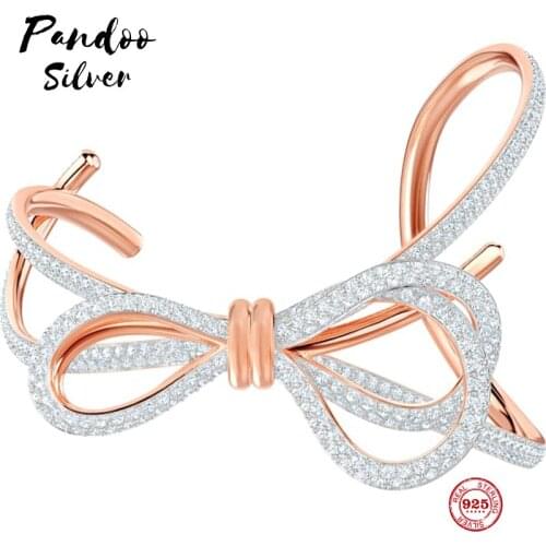 PANDOO Fashion Charms Silver Plated Original 1:1 Copy, Romantic Fresh Bow Open Bracelet Female Luxury Jewelry Gifts