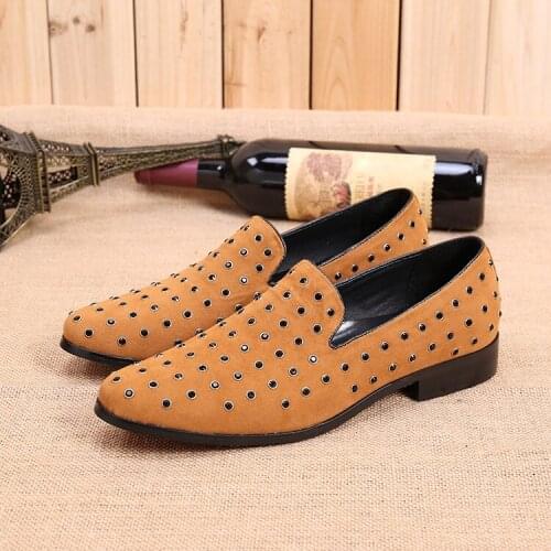 New arrival summer fashion studded genuine leather slip on loafers italian men dress wedding flats smoking erkek ayakkabi