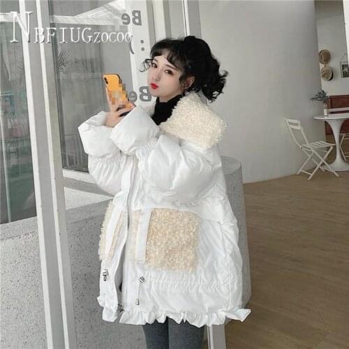 Patchwork Imitation Lambswool Women Parkas 2021 Winter Thick Loose Bread Style Female Overcoat