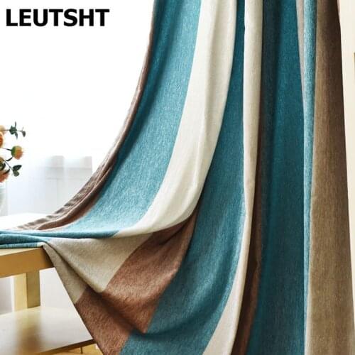 Blue Striped Blackout Curtains for Living Room Brown Mediterranean Tulle+curtain for Bedroom Window Luxury Organza Sheer