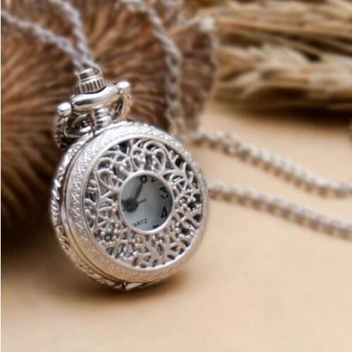 Vintage Fashion quartz silver Hollow out students Sweater chain gift Necklace pocket watches