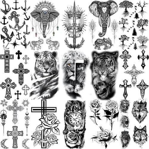 3D Lion Tiger Skeleton Elephant Temporary Tattoos For Women Men Cross Anchor Crown Rose Flower Fake Tattoo Neck Arm Small Tatoos