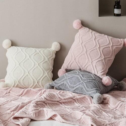 Knitted Cushion Cover With Soft Ball 45x45cm Solid Color Pillow Cover Chic Pillowcase For Sofa Bed Chair Home Decor Kussenhoes