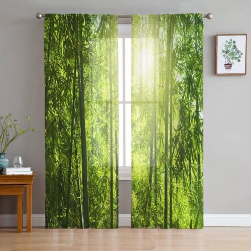 Green Bamboo Sun Plant Curtain Window Tulle For Living Room Bedroom Kitchen Chiffon Sheer Window Treatment Decorations