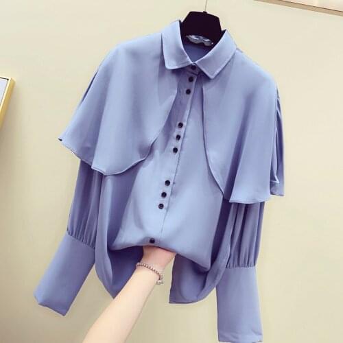Ruffle Blue Chiffon Shirt Womens 2020 Spring New Long-Sleeve Retro Sweet Loose-Fit Shirts Top Blusa Feminina Bluzki Damskie