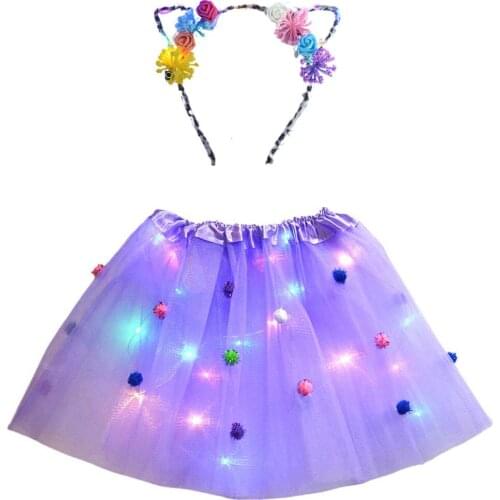 New Women Girls LED Glow Light Up Tutu Skirt Ear Headband Flower Fancy Dress Wedding Birthday Neon Party Cat Fox Costume