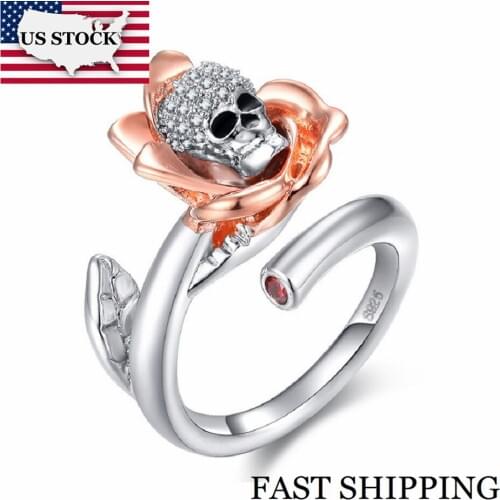 US STOCK Uloveido Skull Rings for Women Adjustable Womens Ring Female Rose Flower jewelry Punk Valentines Day Gift RA084