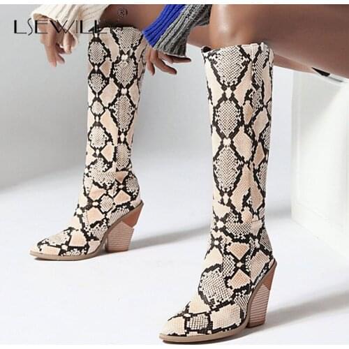 Lsewilly 2020 big size 46 snake knee high boots women high heel wedges shoes autumn winter cowboy european western boots woman