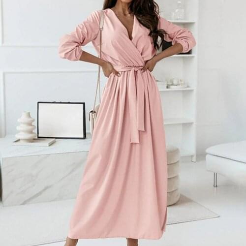 Dress Solid Color Loose Maxi Long Sleeve Belt Lady Dress Lady Dress for Going Out