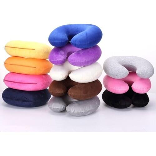 1PC Portable Travel Pillow Inflatable Neck Pillow U Shape Neck Blow Up Cushion PVC Flocking Pillow Support Flight Travel OU 048