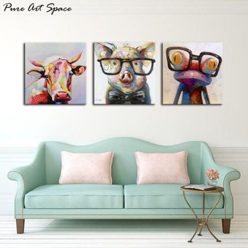 3 Piece Painting Animal Cow Pig Frog Abstract Animal Paintings Prints Canvas Wall Art Cartoon Posters for Girls Bedroom