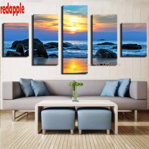 Diamond Painting Sunset sea beach landscape square Crystal Cross Stitch Picture Diamond Embroidery Mosaic Home Decoration 5pcs