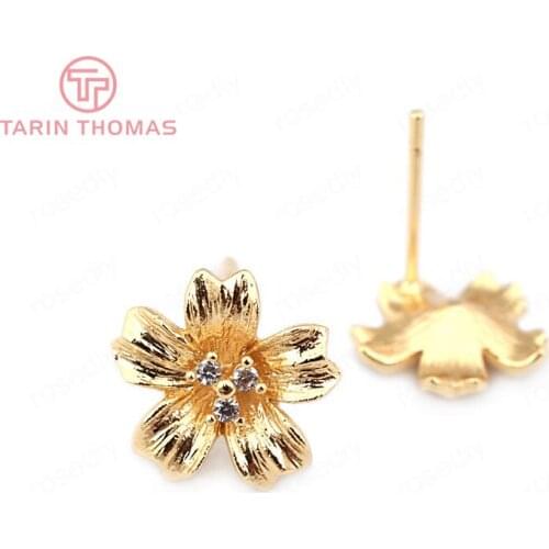 6PCS Flower 11*11MM 24K Gold Color Brass with Zircon Flower Stud Earrings Pins High Quality Diy Jewelry Findings Accessories