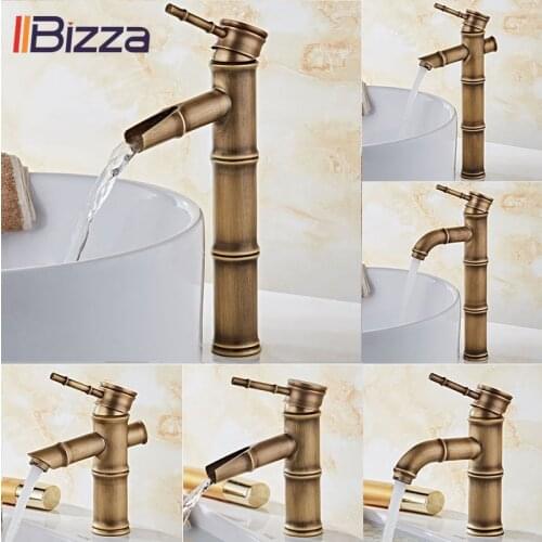 Antique Brass Waterfall Bathroom Sink Faucet Luxury Tall Bamboo Hot and Cold Water Tap Retro Outdoor Toilet Mixer Basin Faucets