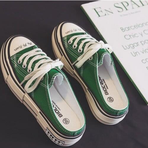 White Green Canvas Shoes No Back Slip on Loafers Summer Sneakers Female Leisure Shoes All Match Solid Color Irregular Sole 35-40