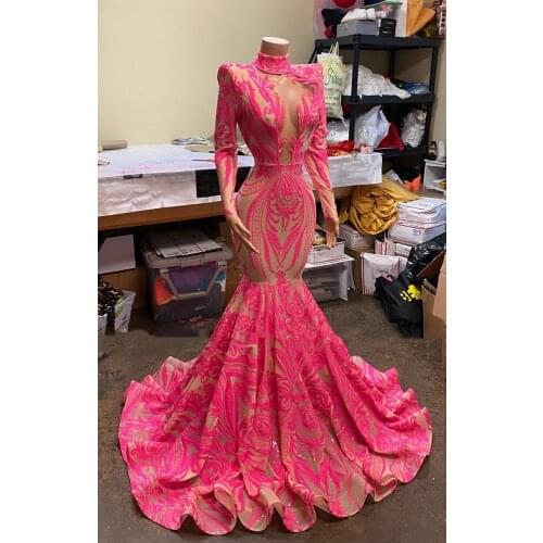 Fuchsia Shiny Mermaid Prom Dresses Sparkly Sequin Lace long Sleeve Illusion Mesh Cutout African Girl Evening Gown Robe De Soiree