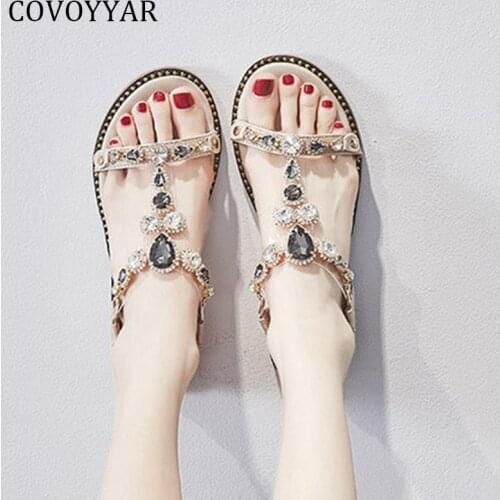 COVOYYAR Bohemian Summer Women Sandals Big Size 43 Flat Shoes Woman Fashion Luxury Crystal Jeweled Ladies Shoes WSS4052