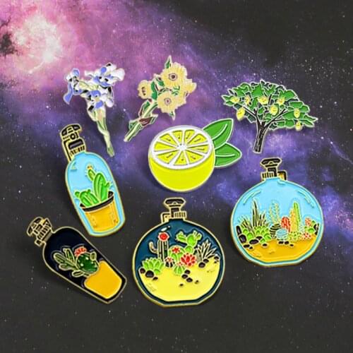 Potted Plant Lemon Tree Flower Enamel Pins Custom Cactus Aloe Iris Sunflower Brooches Badge Natural Jewelry Gift Kids Friends