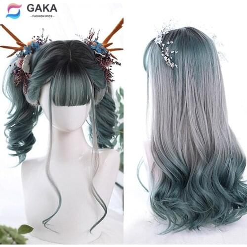 GAKA Synthetic Long Wavy Wigs with Bangs Lolita Cosplay Green Ombre Wig for White Women Natural American European Purple Hair