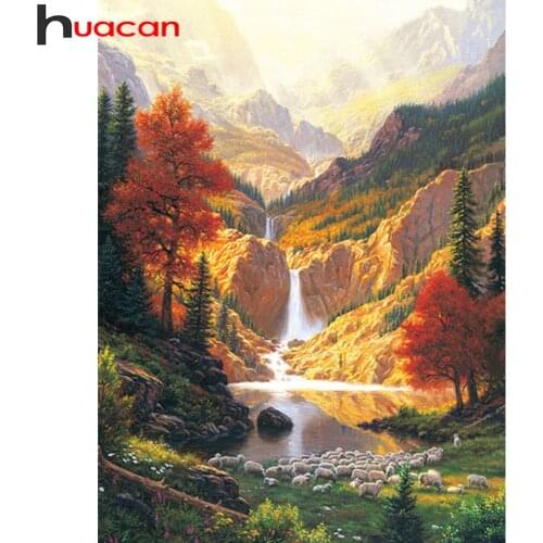 Huacan Full Square/round Diamond Painting Waterfall Natural Landscape Mosaic Mountain Scenery Embroidery Diamond Art