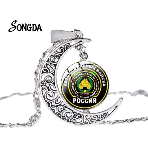 Classic Military Russian Troops Necklace Engineering Rocket Tank Car Force Symbol Glass Dome Moon Pendant Ancient Silver Color
