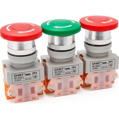 CHNT NP4-11ZS Emergency Stop Pushbutton Switches Mushroom Head Self-locking Control Button Switch 1NC 1NO, Green Red, 2-Pack