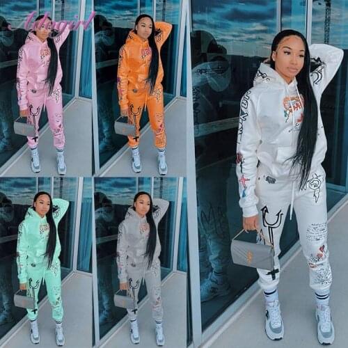 Streetwear Graffiti Print Two Piece Sets Women Letter Print Long Sleeve Hoodies Sweatshirt Joggers Pants Suit Workout Tracksuit