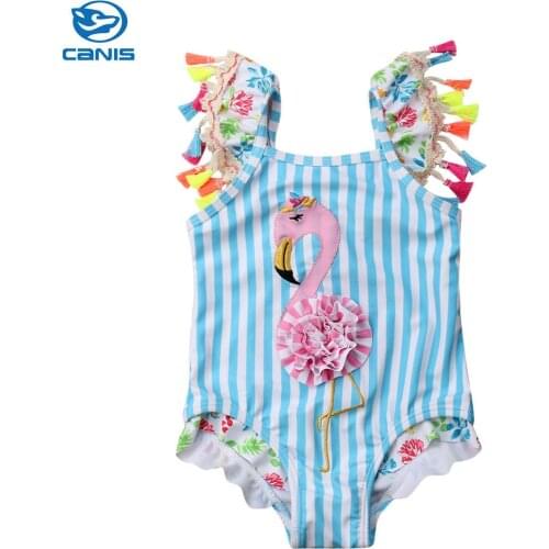 New Toddler Kids Baby Girls Swimwear Flamingo Strip One-Piece Tassels Bikini Set Swimsuit Bathing Suit Beach Monokini