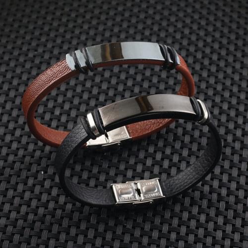Fashion Black/Brown Leather Bracelet for Men Women Jewelry Simple Style Black Stainless Steel Buckle Bangle