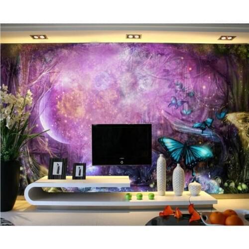 Customized large-scale 3D mural wallpaper psychedelic forest fireflies butterfly elf decoration fairy tale background wall