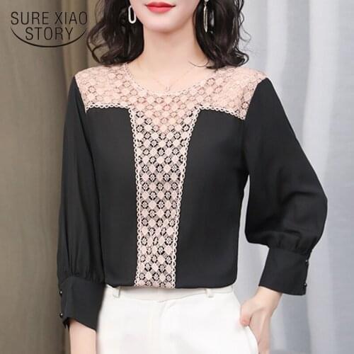 Office Lady Plaid O Neck Women Blouse and Tops New Fashion Hollow Out Chiffon Women Shirt Black Plus Size Female Clothing 13222