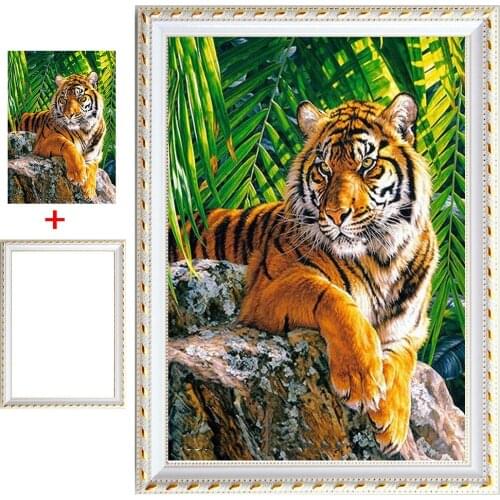 Framed Full Round Drill 5D DIY New Diamond Painting "Animal Tiger" 3D Rhinestone Embroidery Cross Stitch 5D Decor Gift