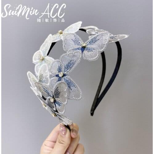 Fairy Embroidery Butterfly Crystal Pearl Headbands For Women Flower Hair Accessories Colorful Hairband Head Wrap Hair Band