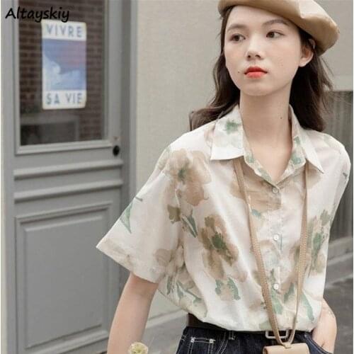 Shirt Women Summer Retro Casual Loose Floral Button Korean Style Streetwear All-match Fashion Popular New Mujer Turn-down Collar
