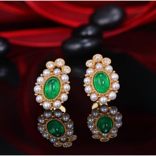14K Yellow Gold 0.92ct 4x6mm Cabochon Cut Emerald and 0.14ct Natural Diamonds Pearl Vintage Engagement Earrings