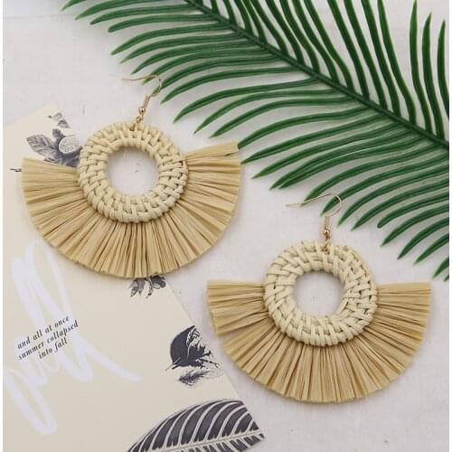 Black/Pink color Rattan Earrings For Women Bohemia Raffia Earring Summer Natural Wicker Straw Tassel Earing pendientes grandes