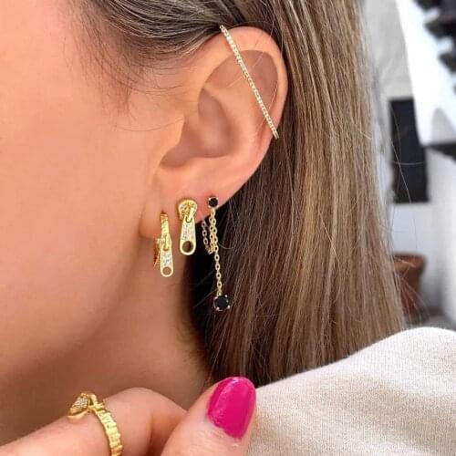 Micro pave cubic zirconia cz fashion women jewelry gold color minimal delicate zipper charm hoop earrings for women fashion