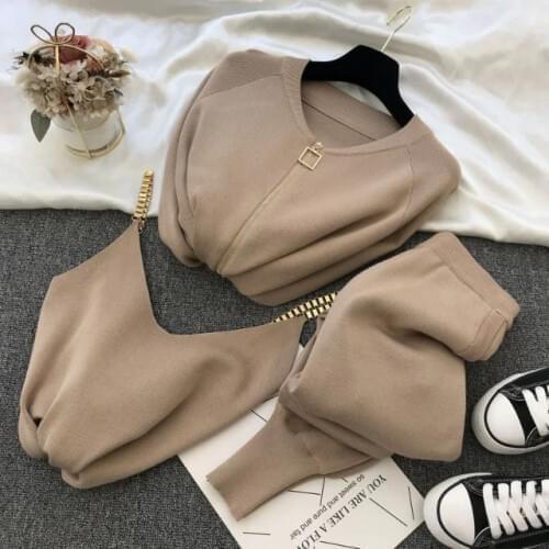 Woman jacket Fashion womens suit 2020 autumn new sweet temperament chain vest knitted casual jacket + three-piece elastic pants