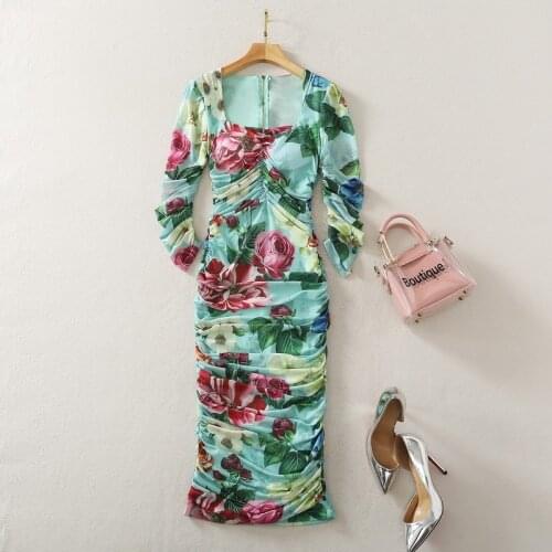 2021 Spring Summer Dress Mesh Green Empire Fashion Womens Clothes Runway Dress Squared Neck SH