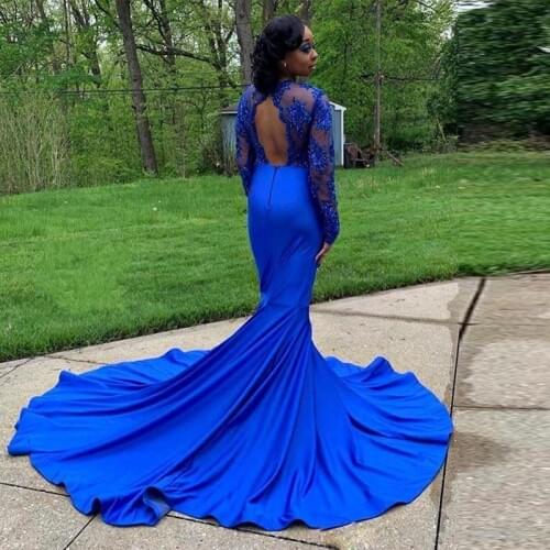 Royal Blue Long Sleeves Lace Mermaid Evening Dresses 2021 with Beaded Appliques Sweep Train Formal Prom Party Gowns
