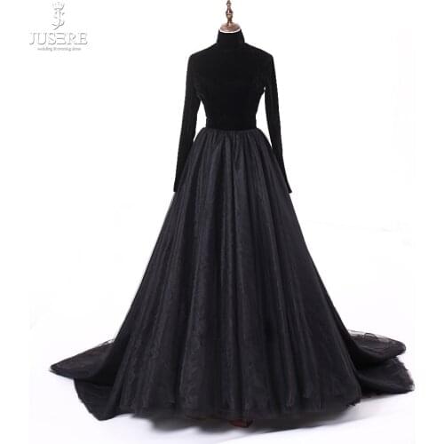 Jusere Real Photos High Neck Back Open Black Prom Dresses Silk Velvet A Line Evening Dress With Tail robe de soiree 2019